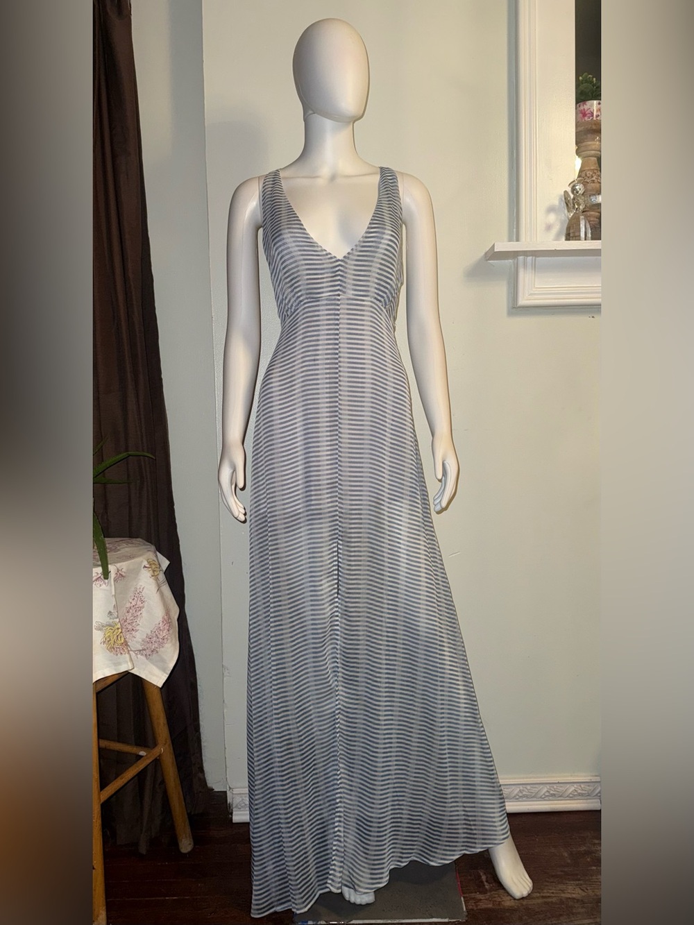 BB Dakota Sleeveless Striped V-Neck Maxi Dress in Gray and White